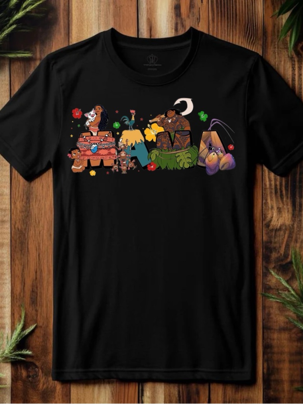Black Graphic T‑Shirt with Colorful Island Character Print
